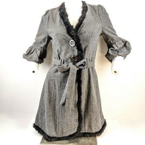 LoveStitch Pea Coat Womens Sz S Gray Wool Blend Balloon Sleeve Faux Fur Trim Nwt